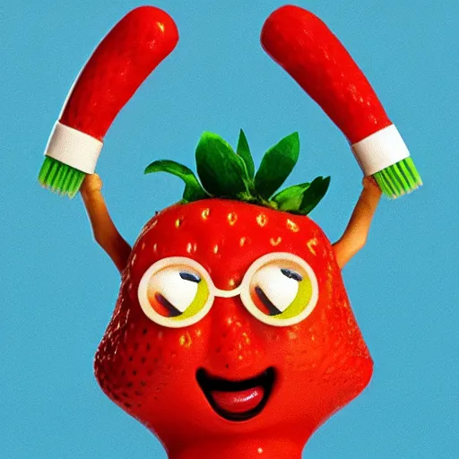 Image similar to a cute strawberry character with two front teeth, holding a yellow toothbrush, in the style of richard scarry