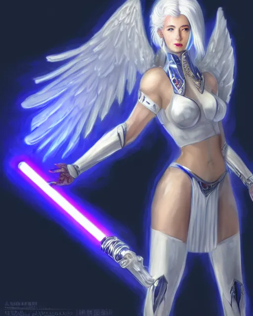 Prompt: perfect white haired attractive egyptian goddess with huge white dove wings holding a light saber, warframe armor, beautiful, symmetric, dreamy, half asian, pretty face, blue eyes, detailed, scifi platform, laboratory, experiment, 4 k, ultra realistic, epic lighting, android body, illuminated, cinematic, masterpiece, art by akihito tsukushi, voidstar