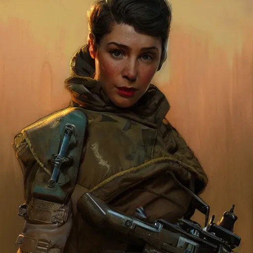 Image similar to Alexandra Jordan as a soldier character in Fallout 4, gorgeous, beautiful, intricate, highly detailed, digital painting, artstation, oppressive lighting, concept art, sharp focus, illustration, art by greg rutkowski and alphonse mucha