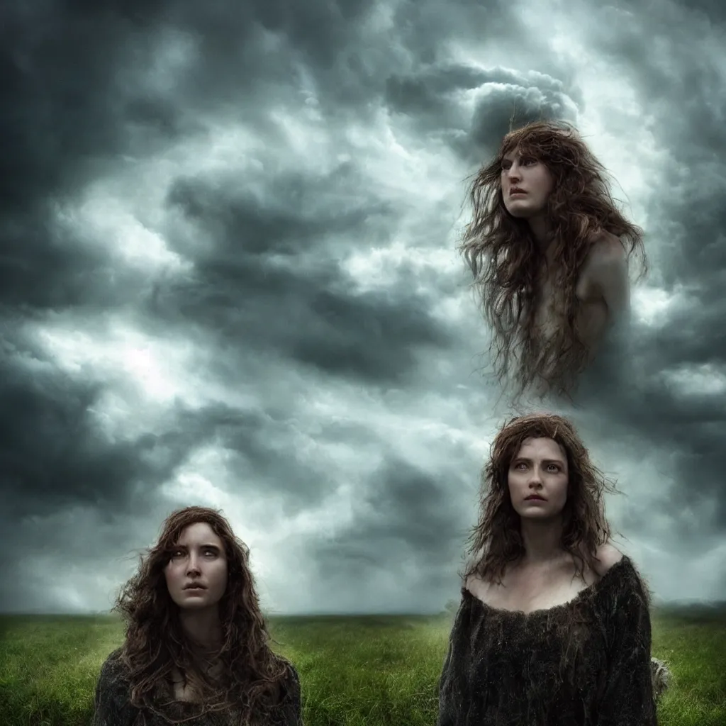 Image similar to head and shoulders cinematic portrait of a forest witch against a stormy sky,, artgerm, gregory crewdson, hyperreal