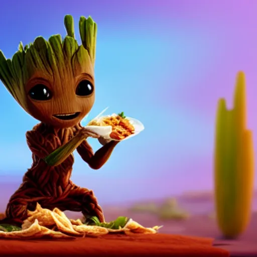 Prompt: Baby Groot eating a burrito while sitting on a soft red rug, hyperdetailed, artstation, cgsociety, 8k