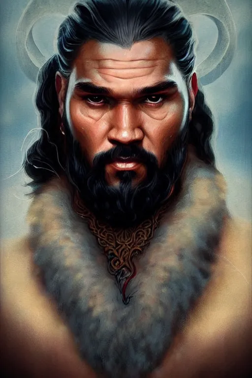 Image similar to beautiful, ethereal khal drogo portrait, intricate art deco dragon designs, elegant, highly detailed burning background, sharp focus, game of thrones art by artgerm and beeple and greg rutkowski and wlop