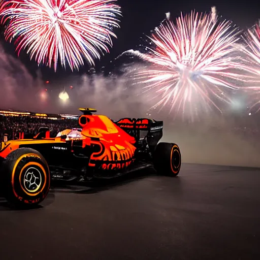 Image similar to portrait of max verstappen getting out of a mercedes f 1 car, dramatic shot, great photography, ambient light, night time, fireworks in the background