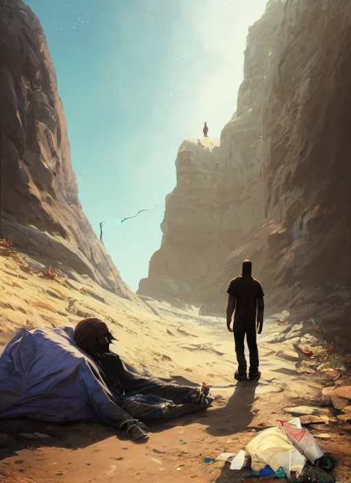 Image similar to Highly detailed full-body portrait of homeless The Rock, in GTA V, Stephen Bliss, unreal engine, fantasy art by Greg Rutkowski, Loish, Rhads, Makoto Shinkai and Lois van baarle, ilya kuvshinov, rossdraws, Tom Bagshaw, global illumination, radiant light, detailed and intricate environment