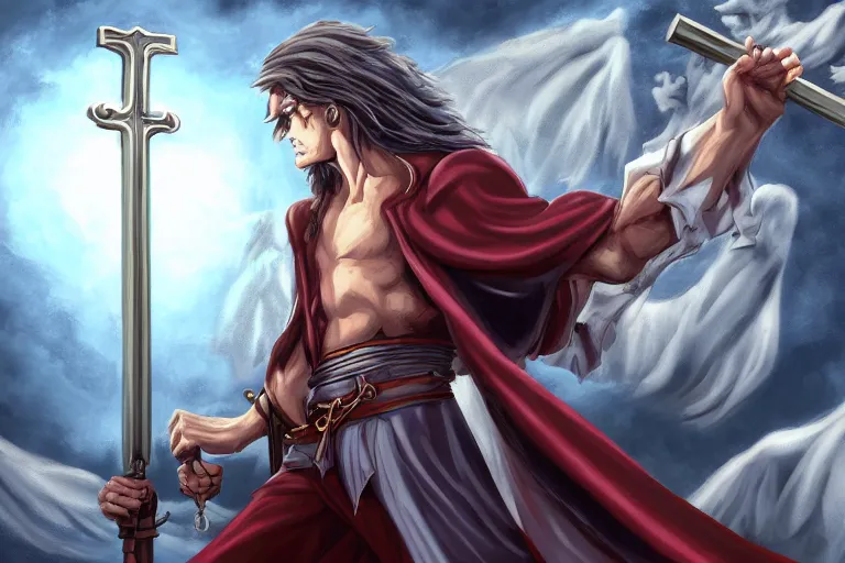 Image similar to Jesus Christ is a Belmont from Castlevania, fighting vampires and creatures of the night with his holy whip and throwing cross, digital art, Castlevania animated series, 4k