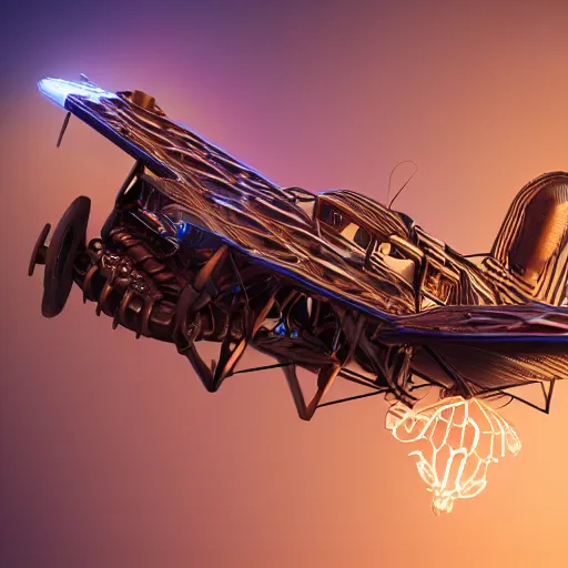 Image similar to wooden bi plane, steampunk, extreme closeup, center frame, symmetric, rim light, bioluminescence, electric, soft, concept art, intricate details, highly detailed, colorful, photorealistic, disney pixar, octane render, iridescent, anime, 8 k