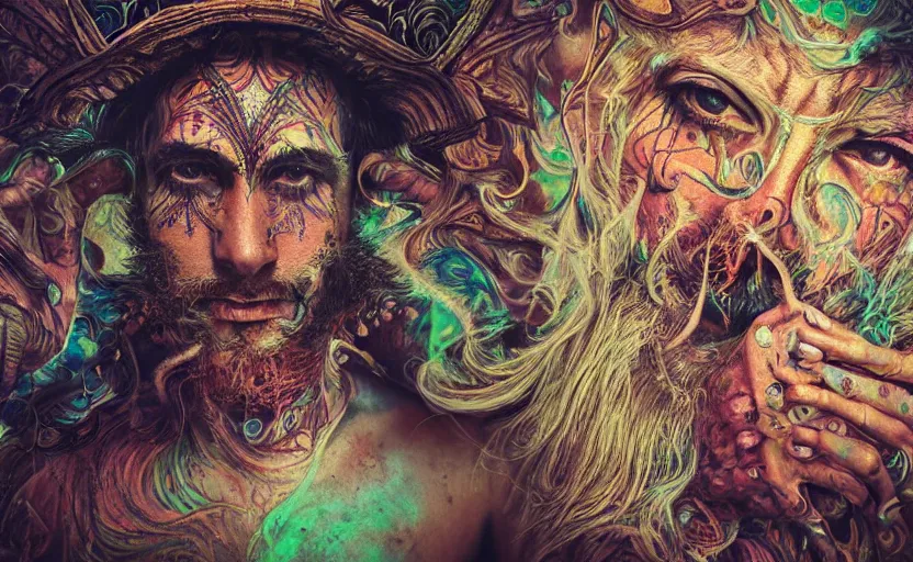 Prompt: hyperrealistic hyper detailed neo-surreal close-up 35mm portrait of levitating psychedelic shaman covered in geometric tattoos rococo matte painting concept art high saturation very dramatic lighting low angle hd 8k sharp shallow depth of field