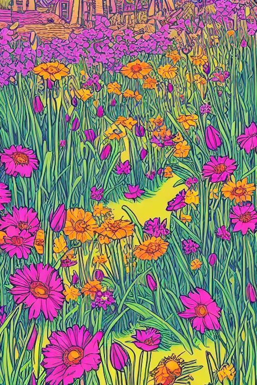 Image similar to spring flowers, happy and beautiful, by dan mumford