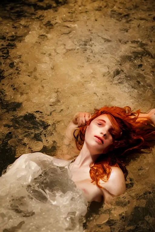 Image similar to A girl with a golden body, red hair, bronze eyes, lies in white water, marble background, bright light, Anachronism, Photorealism, 4k