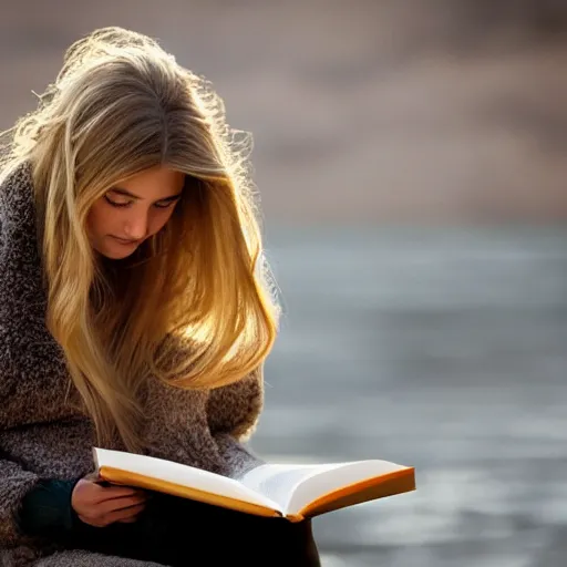 Image similar to 85mm beautiful girl reading a book, hair flowing down, by Emmanuel Lubezki