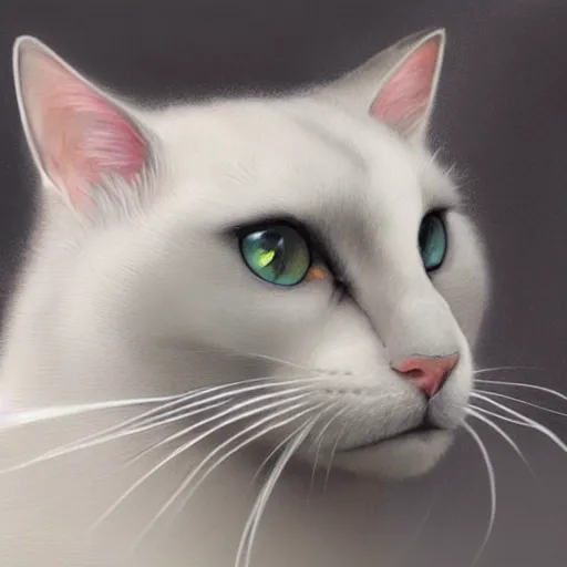 Image similar to a big dark old menacing, yellow eyed, grey cat with white belly, white paws and white face markings with long fur and fluffy tail sitting, intricate, elegant, highly detailed, digital painting, artstation, concept art, matte, sharp focus, illustration, art by Artgerm and Greg Rutkowski and Alphonse Mucha