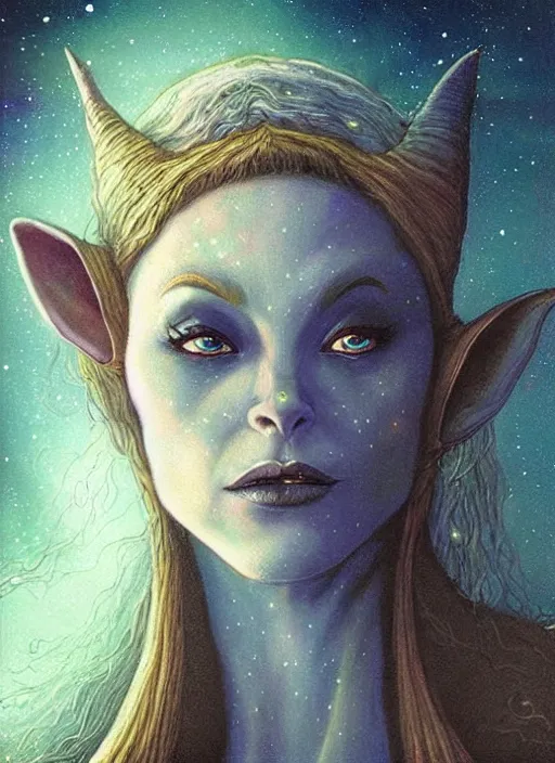 Prompt: portrait of female elf space queen, night sky background, beautiful! coherent! by brom, by brian froud, deep color, strong line, high contrast