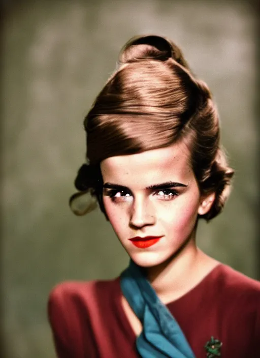 Prompt: Retro color photography 1940s portrait Hollywood headshot of Emma Watson Kodak Gold, 35mm aspherical lens