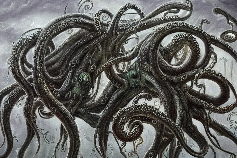 Prompt: ultra realist soft painting of the world of lovecraft elden ring and giger gigantic oily tentacles and eyes very intricate details ultra dense