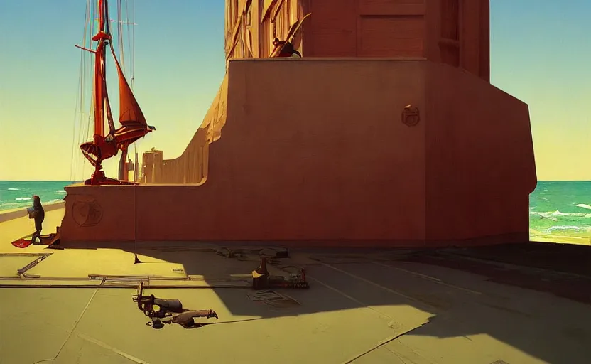 Image similar to Mysteriuos Old ship board, very coherent, painted by Edward Hopper, Wayne Barlowe, painted by James Gilleard, airbrush, art by JamesJean