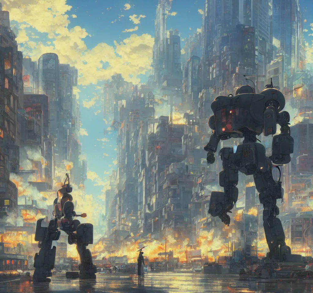 Prompt: Giant robot walking through a cityscape while eating a donut, one of the buildings is on fire and smoking by by Makoto Shinkai and thomas kinkade