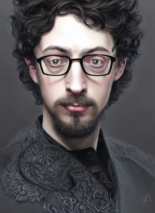 Image similar to portrait of Sam Hyde, medium black hair, Nordic crown, black suit, fantasy, intricate, elegant, realistic, highly detailed, digital painting, artstation, concept art, smooth, sharp focus, illustration, art by artgerm and greg rutkowski and alphonse mucha