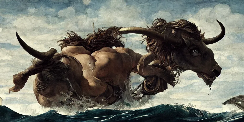 Image similar to Minotaur in Sea, by Caravaggio, studio ghibli, cinematic lighting, intricate, highly detailed, digital painting, trending on artstation, Illustration, epic scale