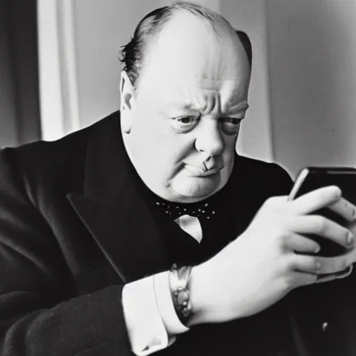 Image similar to A black and white photograph, circa 1940s, of Winston Churchill looking down at his smartphone