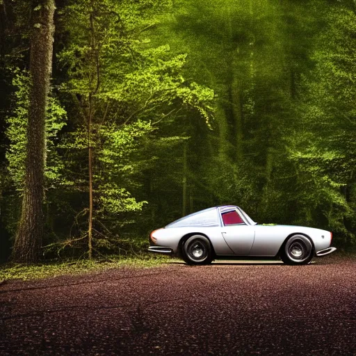 Image similar to ferrari 2 5 0 in the forest, night, headlights are on, professional photography, vaporwave