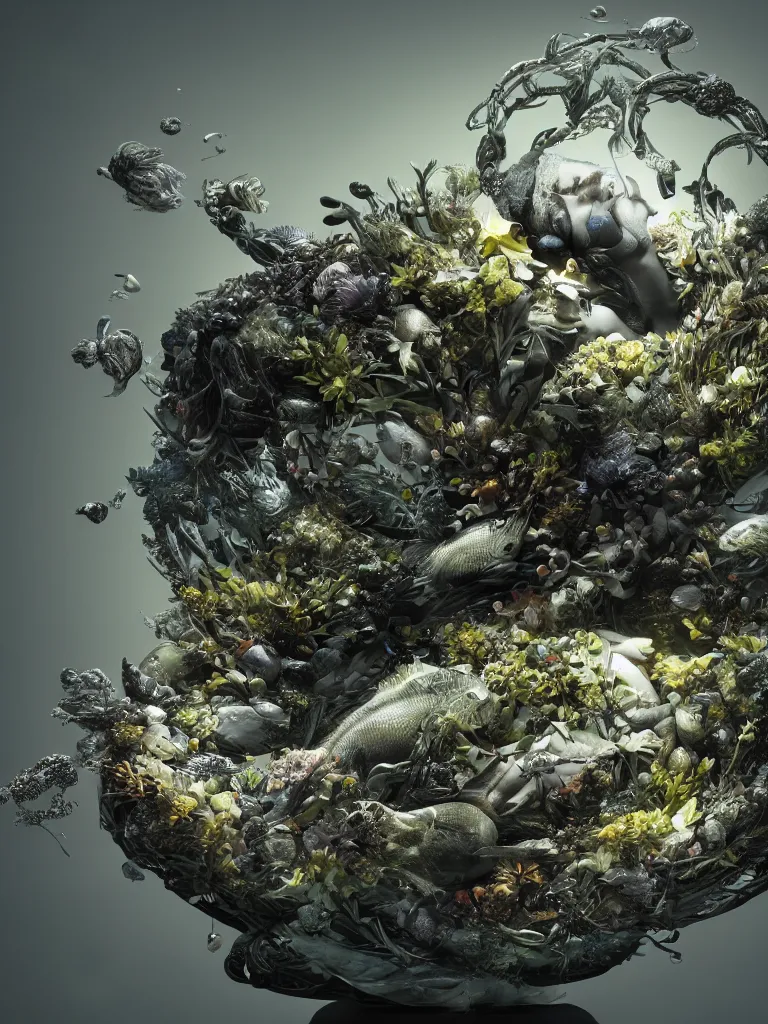 Image similar to a sculpture of fish ocean intertwined, darkness, led lighting, a lovely cornucopia of flowers and human body parts, body parts, highly detailed, octane render, cinematic, shock, sharp focus, ball, an independent psycho, clean, studio lighting