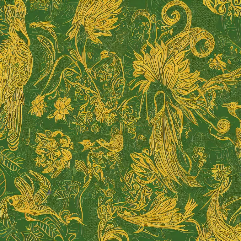 Prompt: art - deco ornament with mystic birds and flowers, highly detailed, photorealistic, monochromatic, calligraphy style, green and gold, symmetrical, ornate