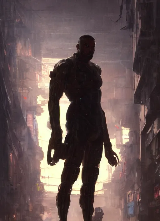 Prompt: weightlifter with super large robot arms. cyberpunk mercenary in a military vest ( blade runner 2 0 4 9, cyberpunk 2 0 7 7 ). orientalist portrait by john william waterhouse and james gurney and theodore ralli and nasreddine dinet, oil on canvas. cinematic, hyper realism, realistic proportions, dramatic lighting, high detail 4 k