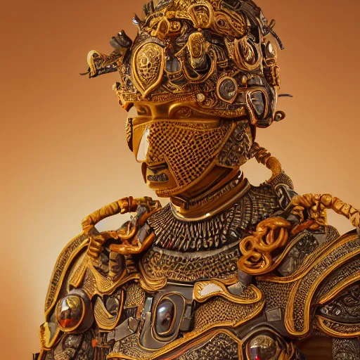 Image similar to an intricate photography portrait of a enigmatic terracota warrior soldier made of obsidian carving metal in a golden desert, extremely detailed, ornate, biomechanical, by wlop by jungyeonmin, james jean jhonseru jsezz, greg rutkowski, lens orbs, global illumination, japandi, hyperreal, micro details