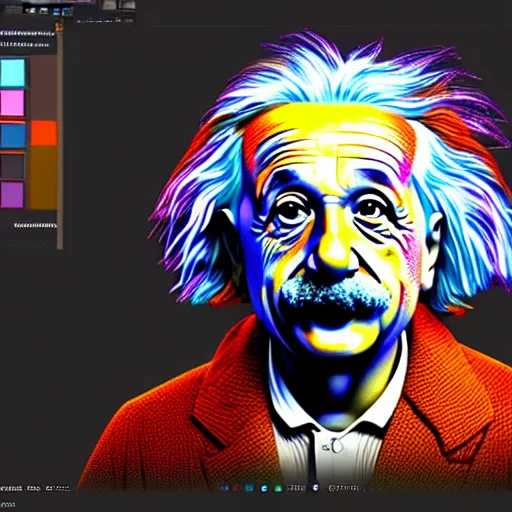 Image similar to albert einstein, vivid colors, highly detailed, digital art, 8 k, 3 d rendered in octane, blender, realistic, detailed lighting, detailed shadows, sharp, no blur, edited, corrected, trending on artstation, digital art