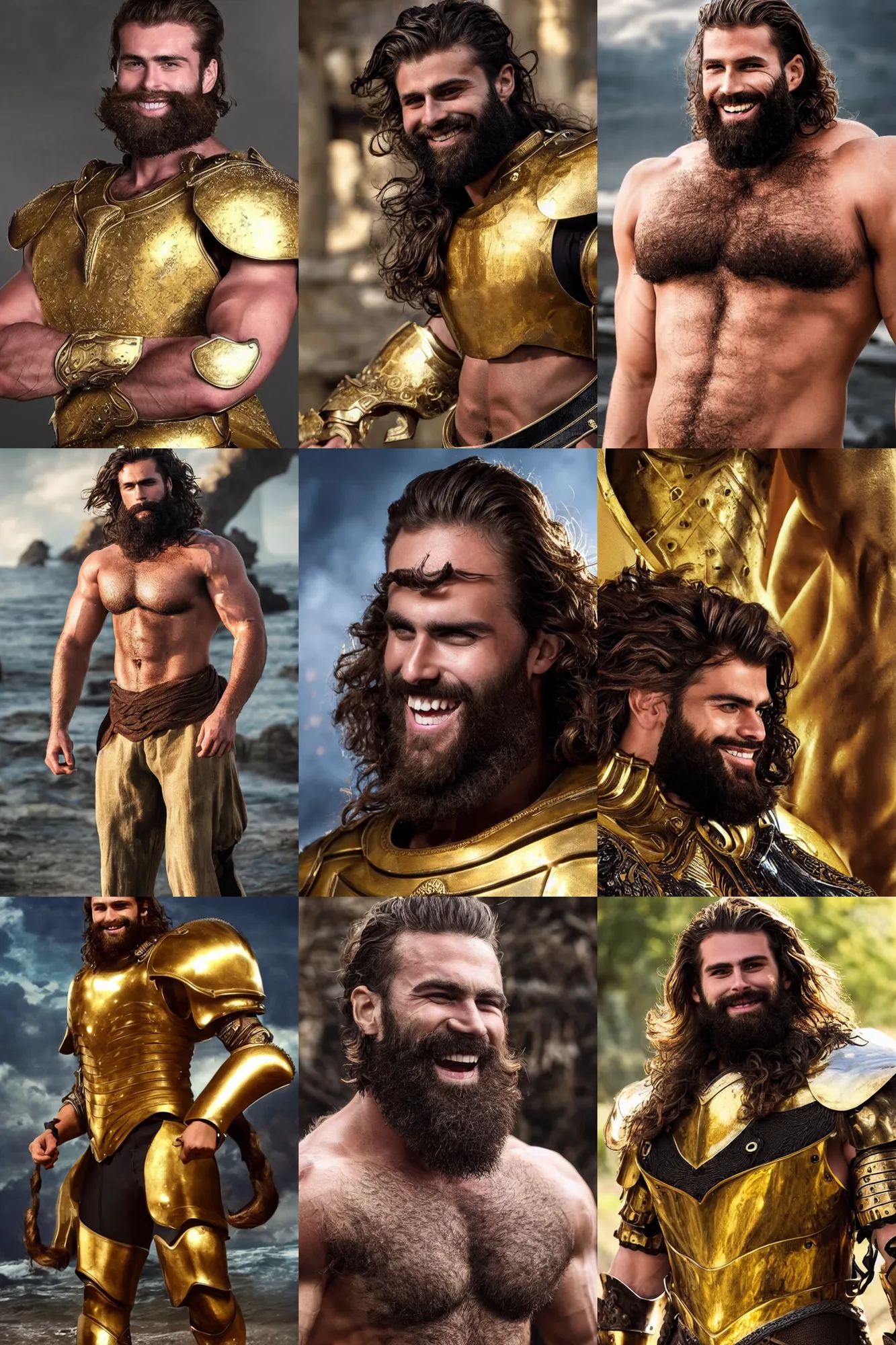 Prompt: beautiful gigachad with slick brown beard, wavy hair, huge glistening muscles, big smile, wearing golden armour. hd dolby digital, masterpiece.