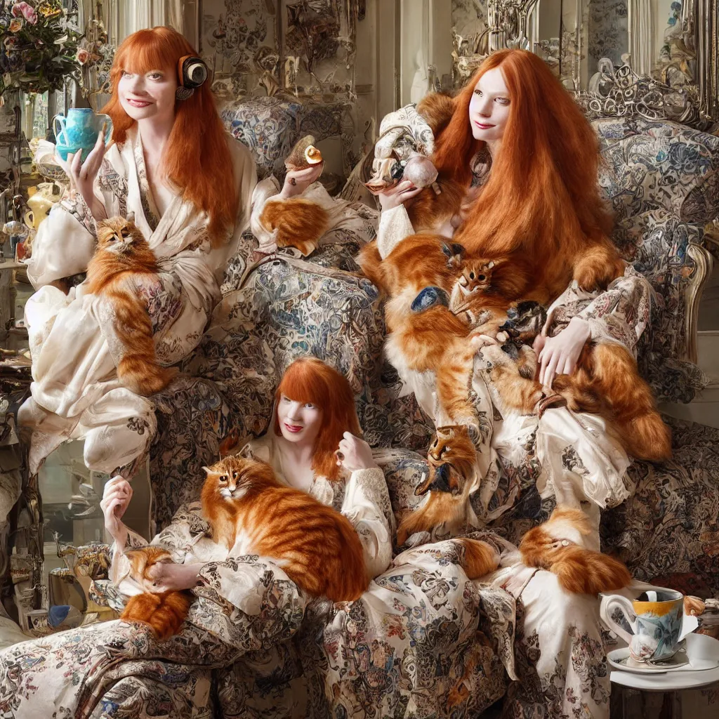 Image similar to a stunning hyper-detailed photorealistic painting of only one slender beautiful smiling woman with long ginger hair and bangs, wearing a luxurious silk robe, wearing headphones and posing with her large ginger tabby cat and her raccoon and parrots in an overstuffed easy chair in her sunlit victorian living room, holding a porcelain parrot-shaped coffee mug and a donut, perfect eyes, fashion photography, cinematic lighting, octane render, IBEX Masters, unreal engine, 85 mm lens,