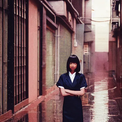 Image similar to 1990s perfect 8K HD professional cinematic photo of close-up japanese schoolgirl posing in sci-fi dystopian alleyway at morning during rain, at instagram, Behance, Adobe Lightroom, with instagram filters, depth of field, taken with polaroid kodak portra