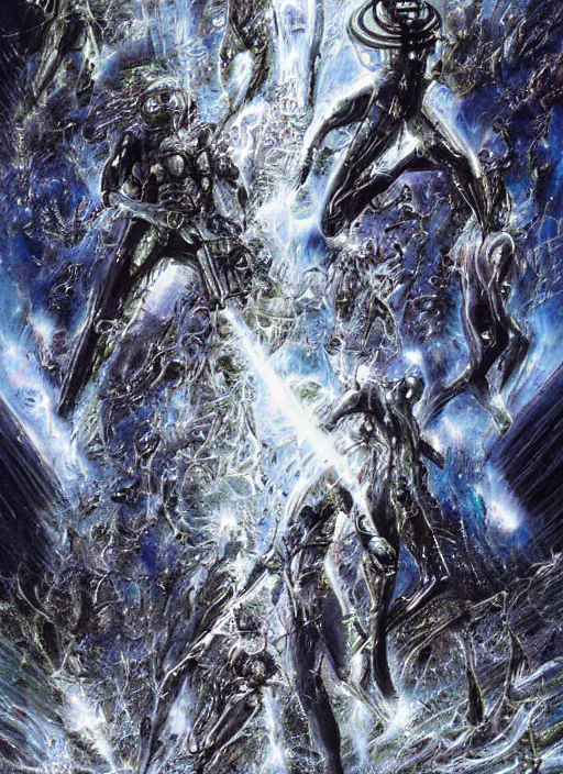 Image similar to astronauts divers in dark void underwater - complex and hyperdetailed technical suit design. reflection and dispersion materials. rays and dispersion of light. volumetric light. f / 3 2. noise film photo. flash photography. ultra realistic, 5 0 mm. poster by wayne barlowe, hajime sorayama aaron horkey, craig mullins