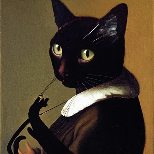 Image similar to a black cat with a pearl necklace by jan vermeer, oil painting ， headshot, 8 k