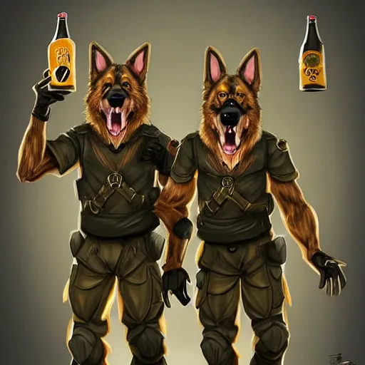 Image similar to two humanoid german shepherds beast - men in military style, they holding a beer, artstation, concept art, smooth, sharp foccus ilustration, artstation