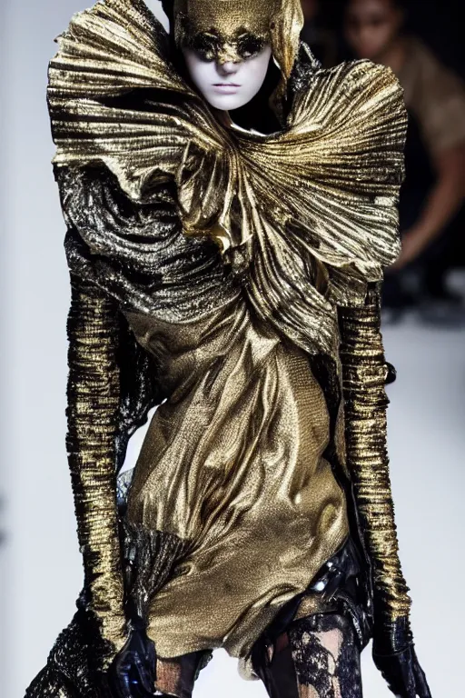 Prompt: beautiful avant garde fashion look and clothes, we can see them from feet to head, highly detailed and intricate, golden ratio, hypermaximalist, luxury, elite, cinematic, designer fashion, Rick Owens, Yohji Yamamoto, Y3, ACRNYM, outfit photo