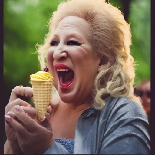 Prompt: bette midler eating ice cream, central park, trending on artstation, 8 k