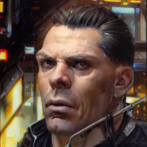 Prompt: a male cyberpunk criminal sneering, sci fi character portrait by Michael Garmash, Donato Giancola