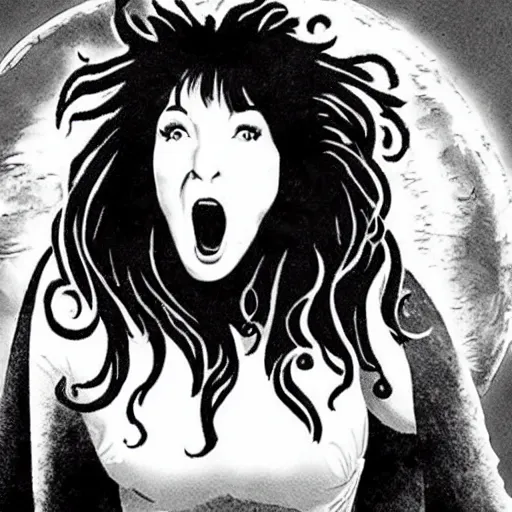 Prompt: Kate Bush as a werewolf howling at the moon