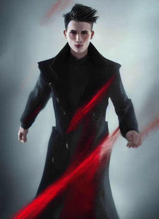 Prompt: An epic fantasy comic book style portrait painting of a young man with black cowlick haircut, wearing black overcoat, red clothes, blue jeans. Unreal 5, DAZ, hyperrealistic, octane render, cosplay, RPG portrait, dynamic lighting