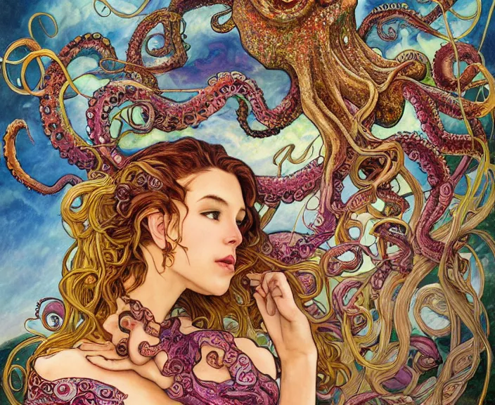 Image similar to portrait of an octopus themed wiman, full body shot, rule of thirds, amazing landscape in background, fantasy, whimsical, horror, art by riot games and chengwei pan and josephine wall and amanda sage and alphonse mucha, intricately detailed, highly detailed, luxurious, elegant, clean, unsettling, trending on artstation