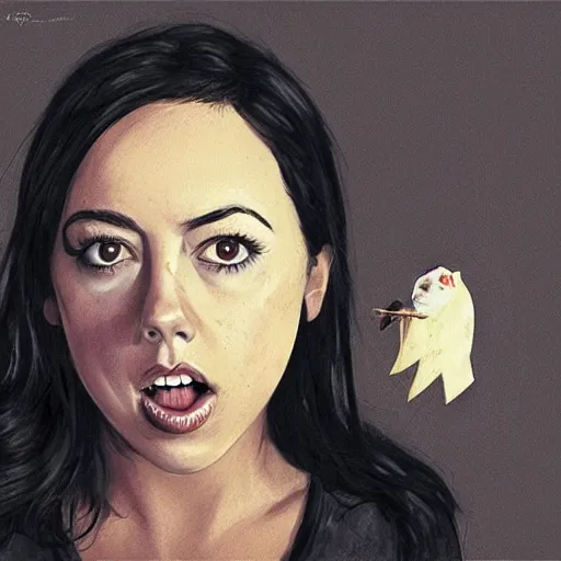 Image similar to young witch aubrey plaza eating a bat, art by sam yang