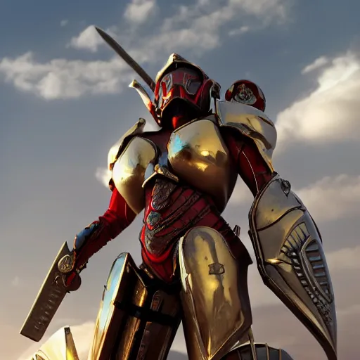 Image similar to picture of metal armored valkyrie, crimson plated, sword and shield, golden wings, divine vibes, light brown hair, white skin, shiny golden eyes, sky background, sharp focus, highly detailed, cinematic lighting, studio quality, smooth render, unreal engine 5 rendered, octane, rendered