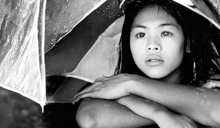 Image similar to A Filipino girl taking shelter from the rain, 35mm film, by Gregg Araki