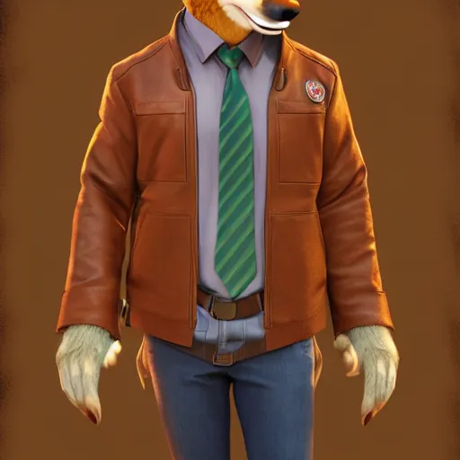 Image similar to portrait, 3 d render, anthropomorphic coyote male, wearing along brown leather jacket, in the style of zootopia, centered on face