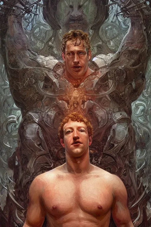 Image similar to portrait of mark zuckerberg as a hulking herculean demon, forest, godlike, full body, fantasy, intricate, elegant, highly detailed, digital painting, artstation, concept art, sharp focus, illustration, art by artgerm and greg rutkowski and alphonse mucha