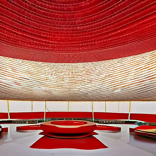 Image similar to interior of a futuristic lotus temple space station with gold, red and white marble panels, by buckminster fuller and syd mead, intricate contemporary architecture, photo journalism, photography, cinematic, national geographic photoshoot