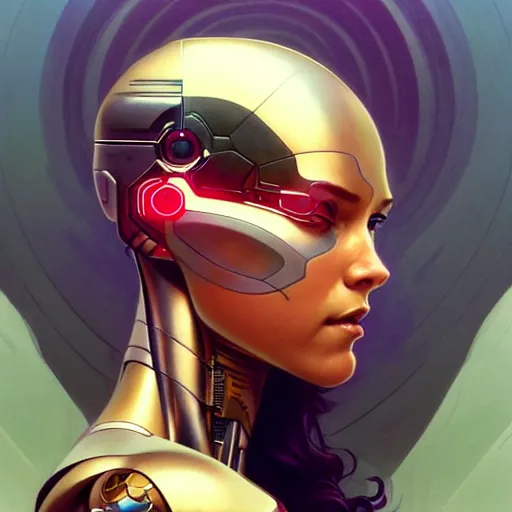 Image similar to cyborg, female, science fiction, portrait, highly detailed, digital painting, beautiful eyes, symmetry, concept art, sharp focus, illustration, art by artgerm and greg rutkowski and magali villeneuve and ilya kuvshinov! : : alphonse mucha : : - 0. 2