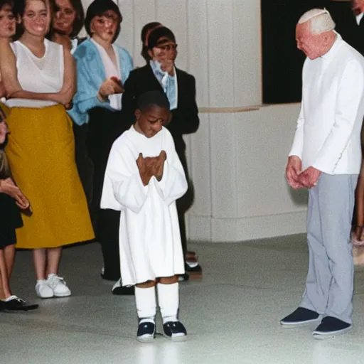 Image similar to john paul ii admiring a new yeezy sneaker in his hands