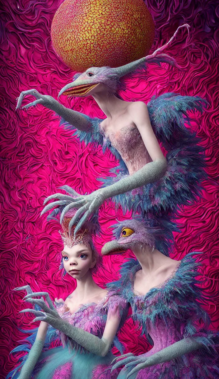 Image similar to hyper detailed 3d render like a Oil painting - kawaii portrait of two Aurora (a beautiful skeksis muppet fae queen from dark crystal that looks like Anya Taylor-Joy) seen red carpet photoshoot in UVIVF posing in scaly dress to Eat of the Strangling network of yellowcake aerochrome and milky Fruit and His delicate Hands hold of gossamer polyp blossoms bring iridescent fungal flowers whose spores black the foolish stars by Jacek Yerka, Ilya Kuvshinov, Mariusz Lewandowski, Houdini algorithmic generative render, Abstract brush strokes, Masterpiece, Edward Hopper and James Gilleard, Zdzislaw Beksinski, Mark Ryden, Wolfgang Lettl, hints of Yayoi Kasuma and Dr. Seuss, octane render, 8k